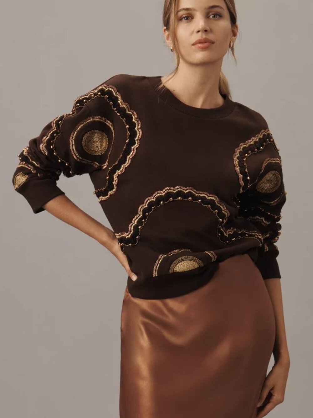 Anthropologie Ollari Embellished Embroidered Brown Cotton Sweatshirt Sz. M